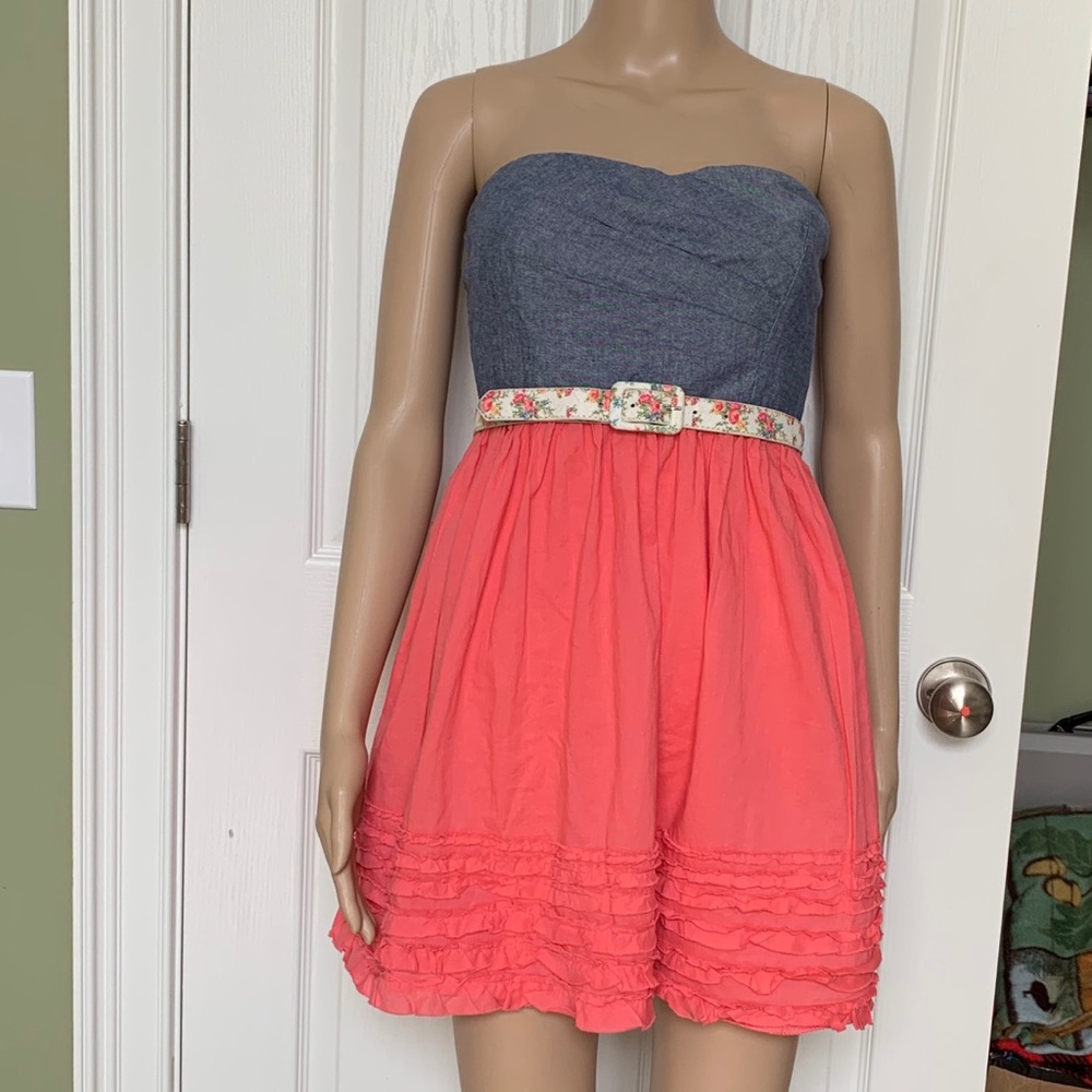 Strapless Denim and coral summer dress